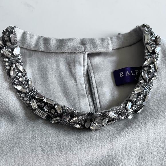 Ralph Lauren Purple Label Jeweled Neck Midi Sheath Dress Gray Wool Women's 14 - Picture 3 of 16